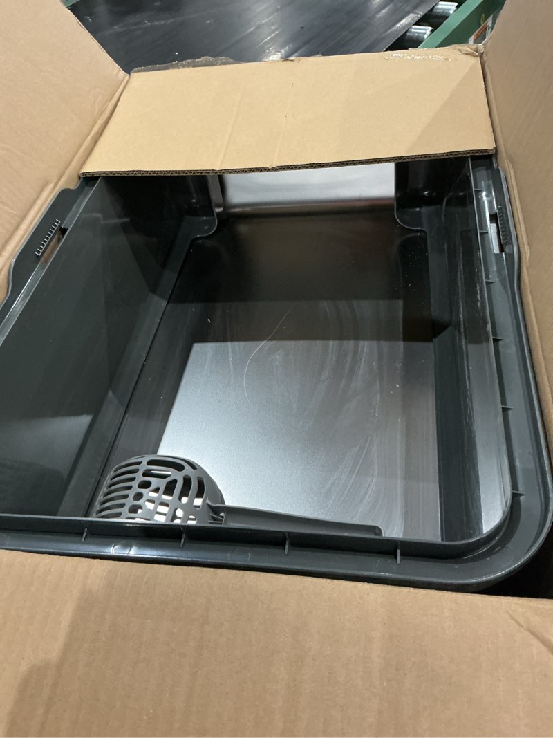 Condition photo showing As Is for (similar to but not exact)stainless steel litter box with high sides, xl high sided cat litter pan, open top extra large metal cat litter box, non-stick, odor free, leakproof, scoop included, gray