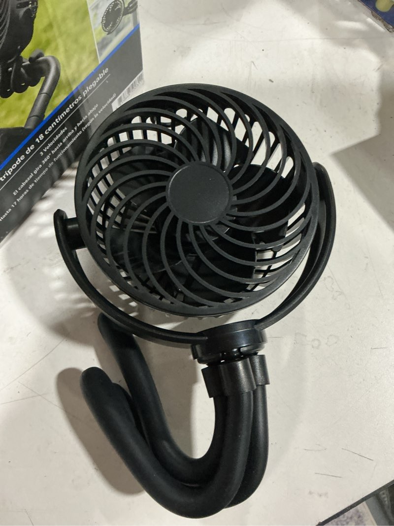 Condition photo showing As Is for mainstays 4" 3-speed portable rechargeable fan, flexible tripod and digital display, pink blush, model#fn1005npb
