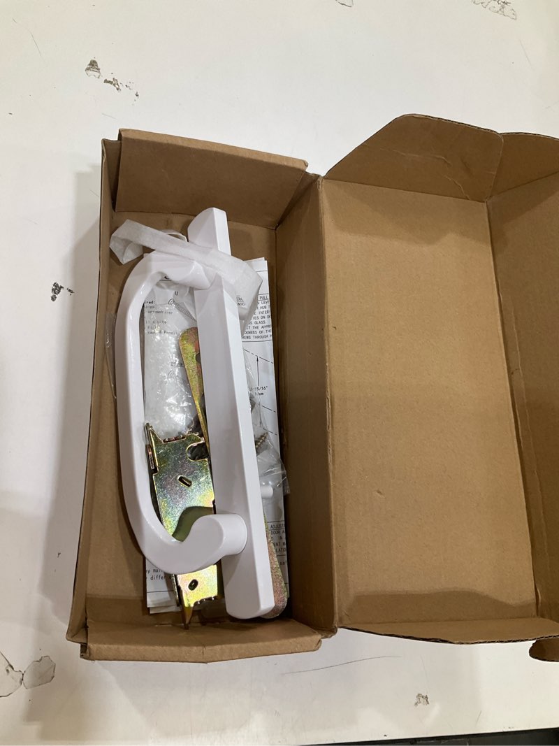 Condition photo showing As Is for maxxgeek sliding patio door handle set with mortise lock, zinc diecast, offset thumbturn, fits 1-5/8" to 1-3/4" door thick, 3-15/16" hole spacing, non-handed, white white diecast w/ mortise lock