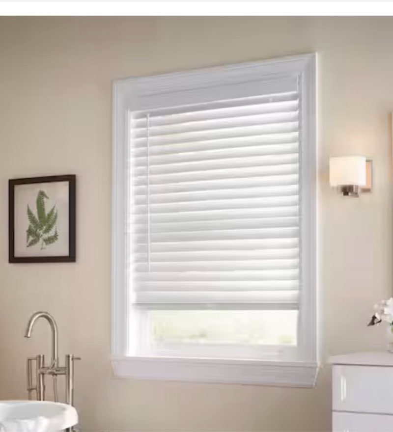White Cordless Faux Wood Blinds for Windows with 2 in. Slats - 35 in. W x 64 in. L (Actual Size 34.5 in. W x 64 in. L)