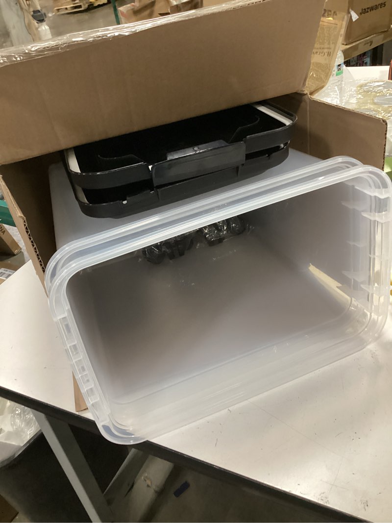 Condition photo showing As Is for IRIS USA Dog Food Storage Container, 2 Pack, Up to 30 lbs Each, Airtight Seal for Freshness, Wheels for Rolling, Easy One Hand Opening, Made in USA, BPA Free, Clear/Black