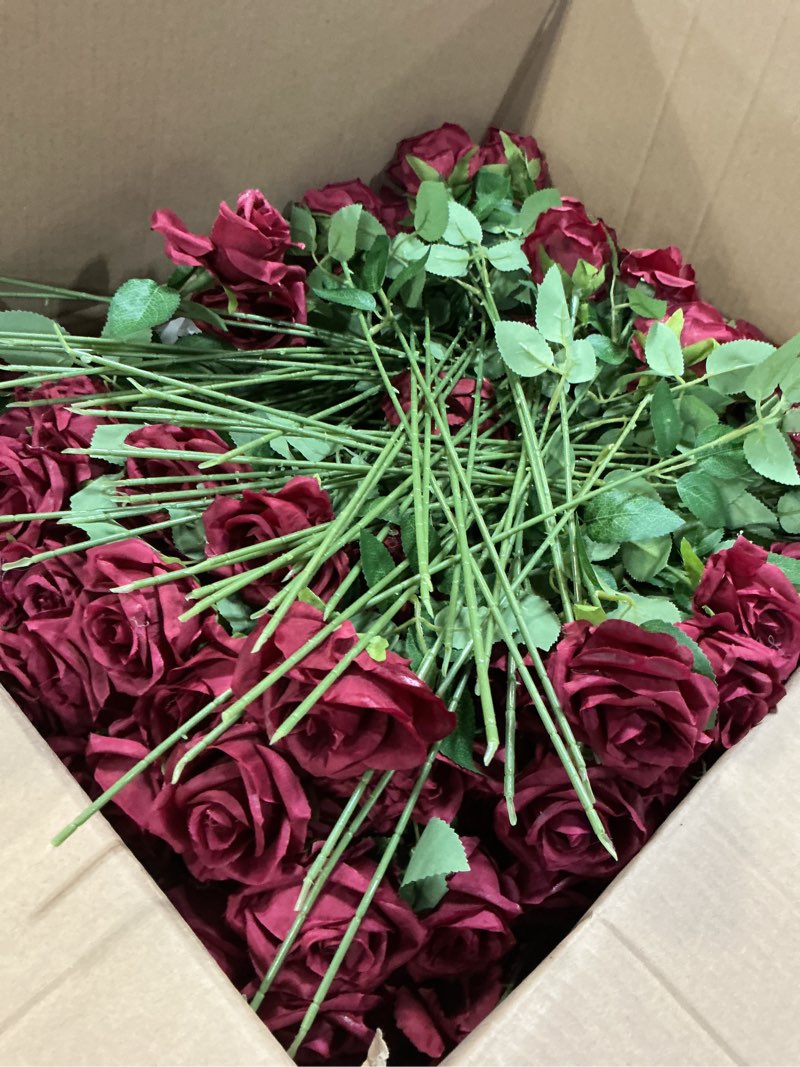 Condition photo showing Good Condition for Riceshoot 500 Pcs Artificial Silk Roses Flowers with Long Stem Bridal Wedding Bouquet Realistic Floral Bulks for Garden Home Party Gifts Favor Decoration(Wine Red)