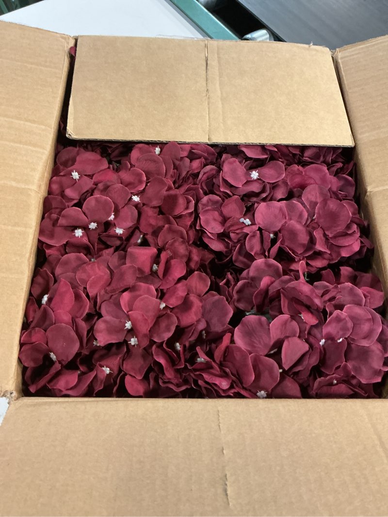 Condition photo showing New/Like New for Hydrangea Flower Balls for Centerpieces - 12 PCS Artificial Floral Arrangement with Base, 8.27 Inch Diameter Fake Silk Kissing Ball for Wedding Table Home Party Decor - Burgundy Burgundy 12 X Artificial Flower Balls