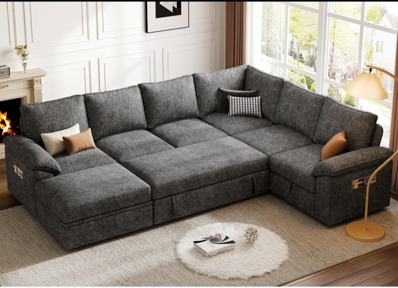 (4 boxes) 108 Inch Sectional Sleeper Sofa with Pull Out Bed, U Shaped 7 Seat Modular Sectional Sofa with Storage, Sectional Couches for Living Room, Cloud Modu