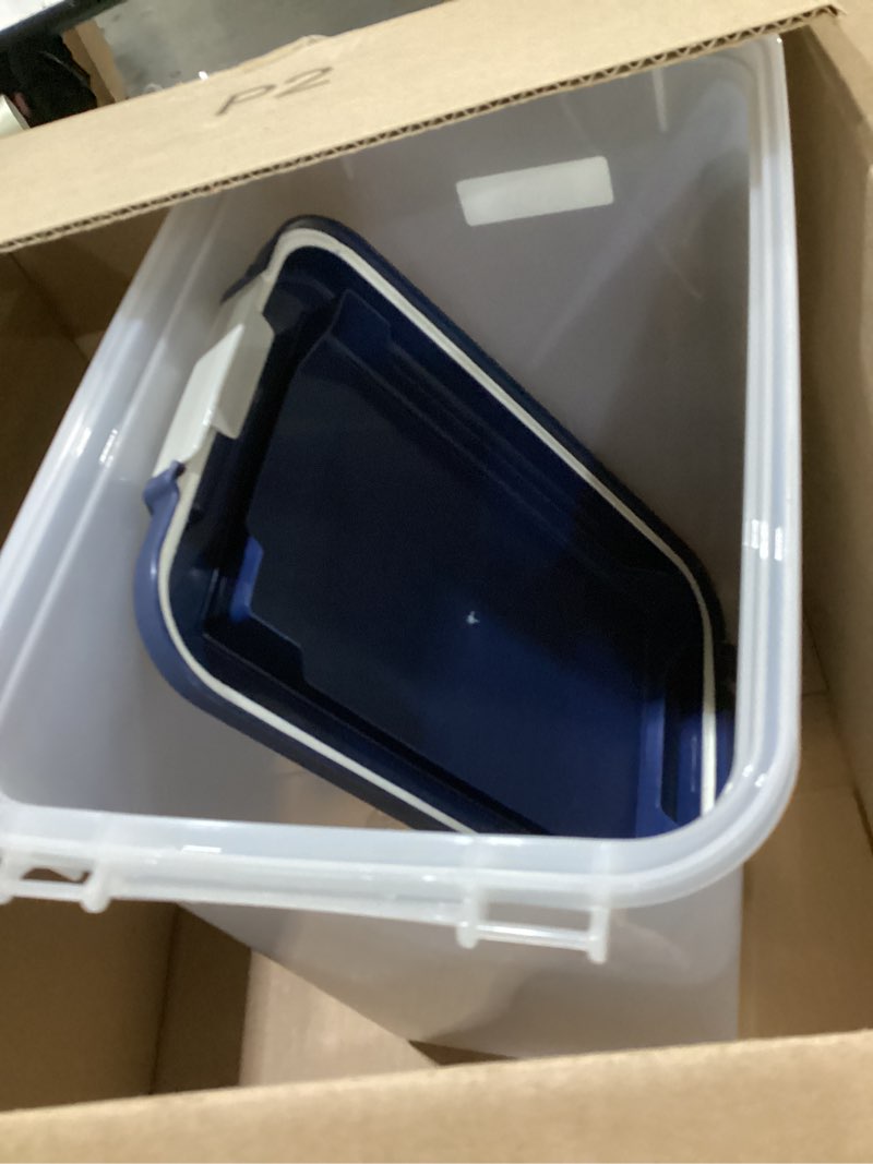 Condition photo showing As Is for IRIS USA 30 Lbs / 33 Qt WeatherPro Airtight Pet Food Storage Container with Attachable Casters, For Dog Cat Bird and Other Pet Food Storage Bin, Keep Fresh, Translucent Body, Easy Mobility, Navy 30 lbs Navy