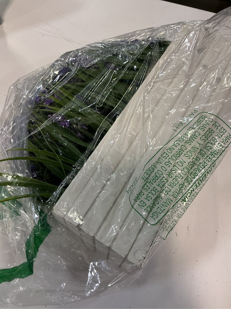 Condition photo showing As Is for 14 inch artificial lavender flower arrangement in rustic rectangular wood planter box purple fake lavender flower faux potted lavenders plants for table centerpiece windowsill shelf home decor indoor purple 14.2"x4.3"x13"