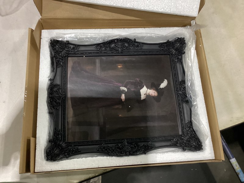 Condition photo showing New/Like New for 8x10 picture frame, vintage black ornate textured hand-crafted resin photo frame with easel & hook for tabletop & wall display, retro design home decor black 8x10inch