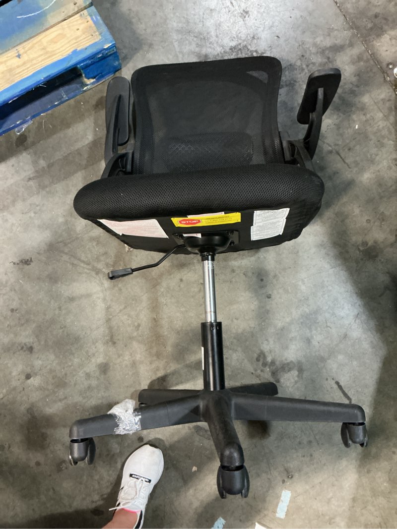 Condition photo showing As Is for mainstays ergonomic mesh back office chair with flip up arms for adults, black fabric, 275lb