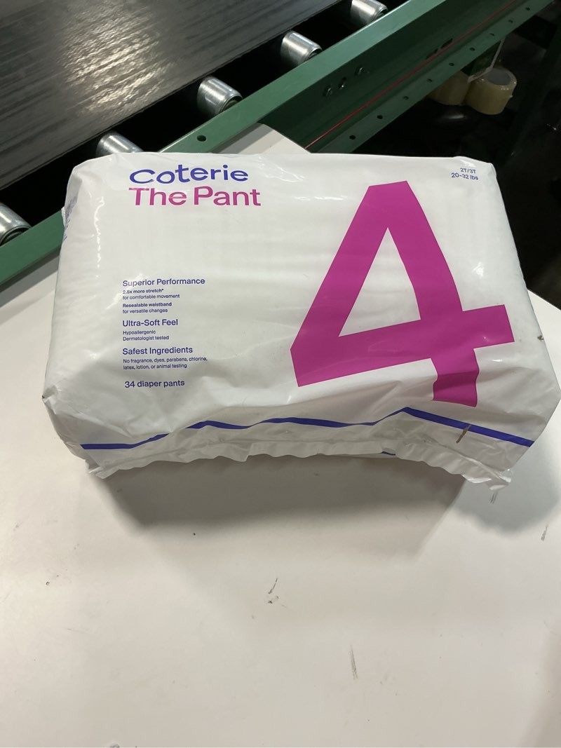Condition photo showing As Is for ( 1 boxe ) Coterie The Pant, Size 4, Refastenable Training Pants for Sensitive Skin, Hypoallergenic, Super Absorbent Overnight Leak Protection, 2T/3T (20-32 lbs) 136 Count Size 4, 20-32 Pound (136 Count)