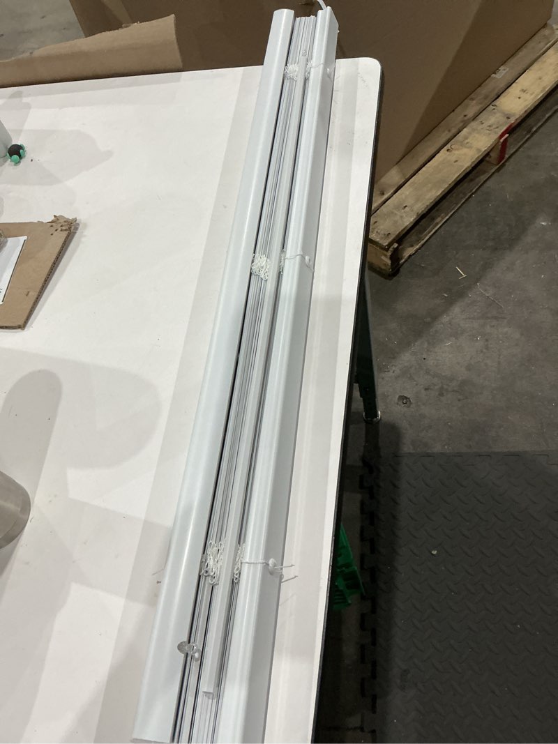 Condition photo showing As Is for lotus & windoware cordless mini blind, 1" vinyl slats, 35" wide x 64" long - white, window blinds for home and office, interior door blinds - light filtering