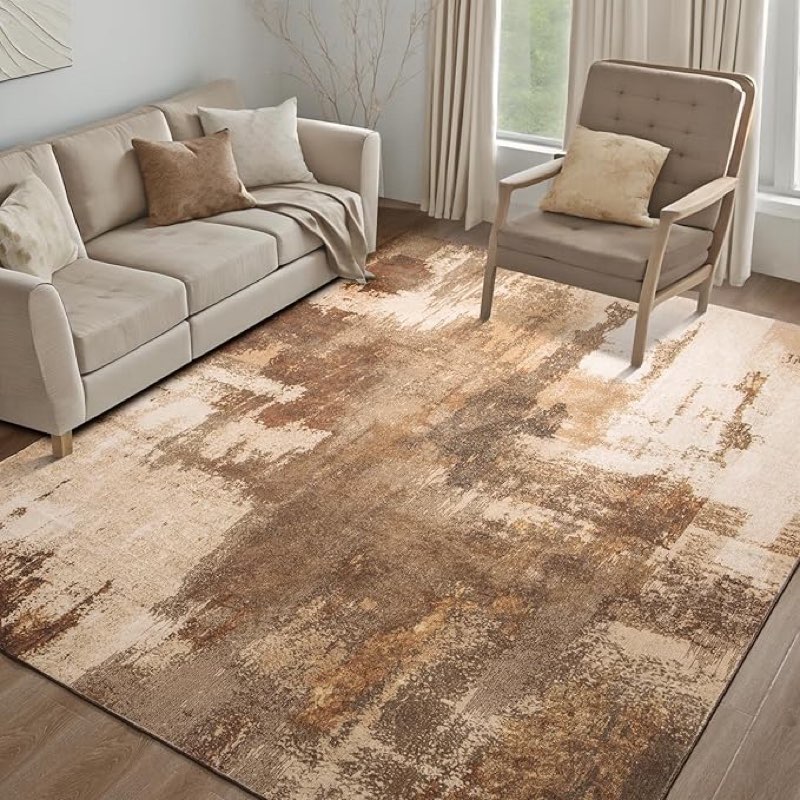 Kelarea Living Room Rug, 10x14 Rug Modern Abstract Washable Rugs, Brown Vintage Low Pile Carpet, Non