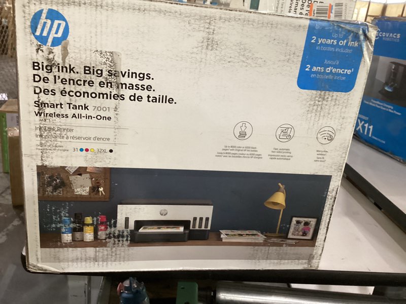 Condition photo showing As Is for not tested ****hp smart tank 7001 wireless all-in-one ink tank printer, scanner, copier with 2 years of ink included, best-for-home office, cartridge-free refillable, ai-enabled (28b49a)