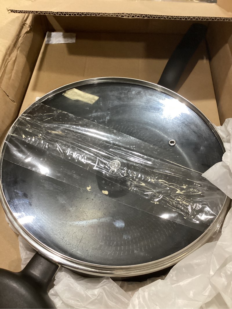 Condition photo showing As Is for t-fal specialty nonstick saute pan with glass lid 5 quart, oven broiler safe 350f, cookware, deep frying pan with handle, skillet, kitchen, pots and pans, dishwasher safe, black 5-quart nonstick black