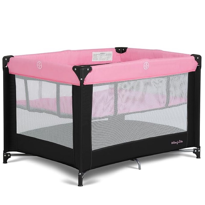 (Similar to stock photo) Dream On Me Zazzy Portable Playard with Bassinet - 360° Mesh Visibility, Quick Folding Travel Friendly Design, Carry Bag and Foldable Mattress Pad Included, Compact and Lightweight - Pink