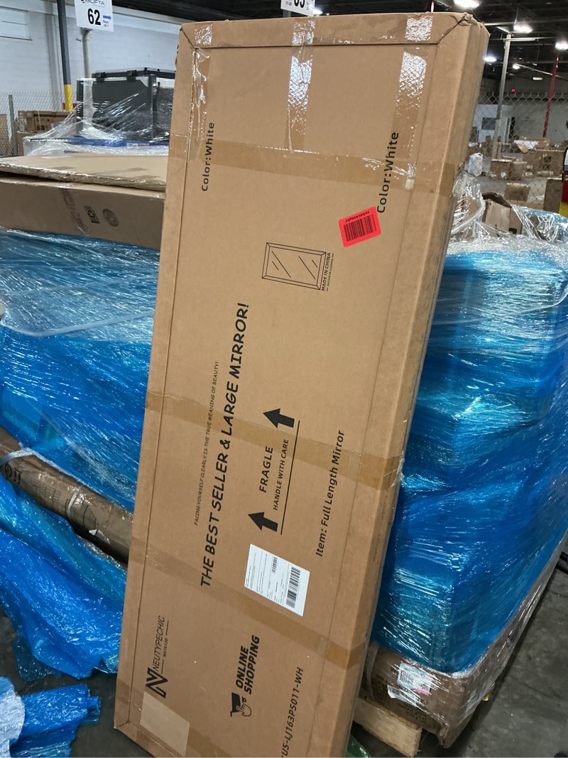 Condition photo showing New/Like New for natsukage 64"x21" arched full length mirror with stand - wall mirror, full length body mirror for bedroom - standing or hanging, polystyrene frame (arched white ps)