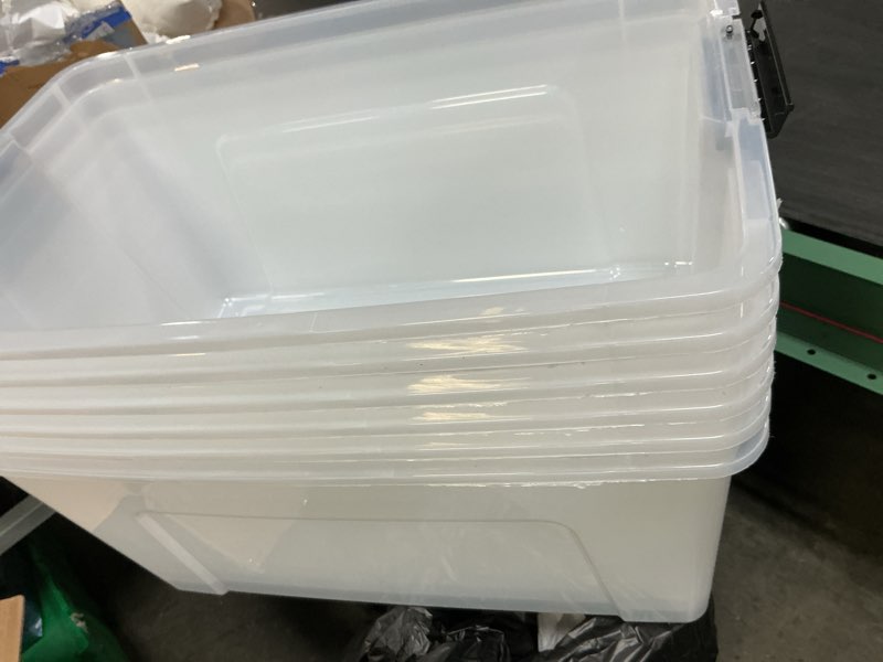 Condition photo showing As Is for (Defective, A cover is a little broken)IRIS USA 72 Qt Stackable Plastic Storage Bins with Lids, 6 Pack - BPA-Free, Made in USA - See-Through Organizing Solution, Latches, Durable Nestable Containers, Secure Pull Handle - Clear Clear 72 Qt 6 Pack