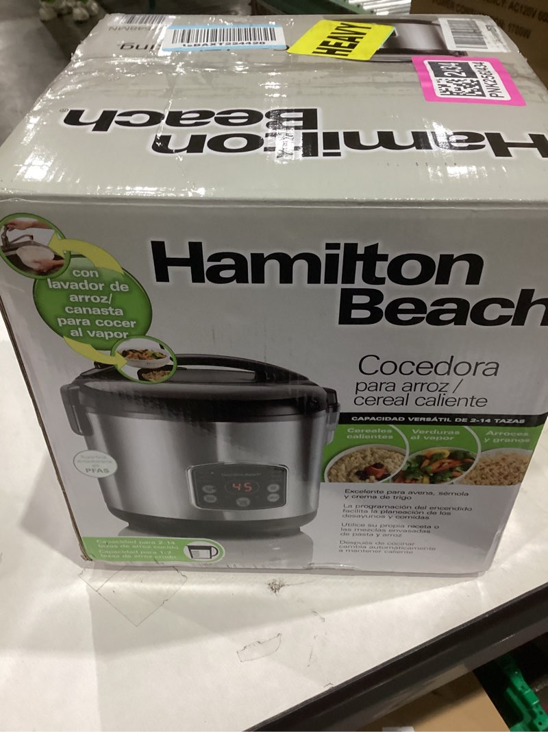 Condition photo showing Good Condition for hamilton beach digital programmable rice cooker & food steamer, 14 cups cooked (7 uncooked) with steam & rinse basket, stainless steel (37548) stainless steel 14 cups cooked (7 uncooked)