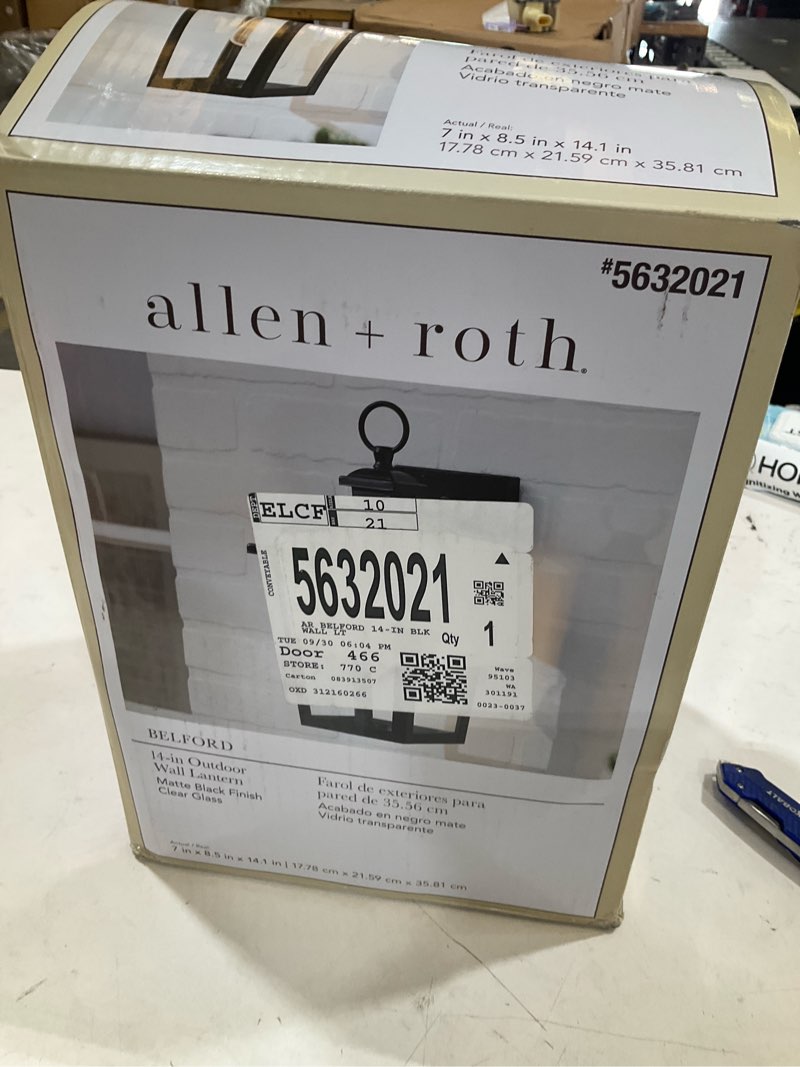 Condition photo showing As Is for allen + roth belford 1-light 14.1-in h matte black led, outdoor wall light