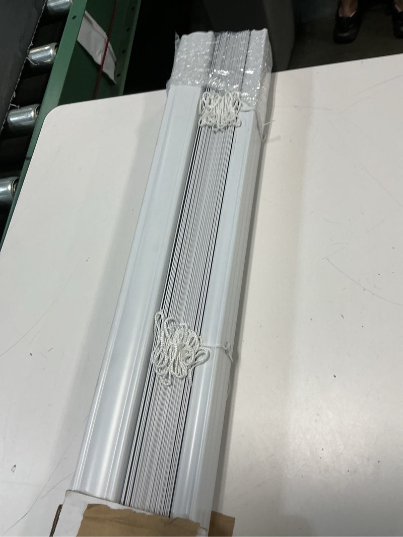 Condition photo showing As Is for project source premium 2-in slat width 34-in x 72-in cordless white vinyl room darkening horizontal blinds