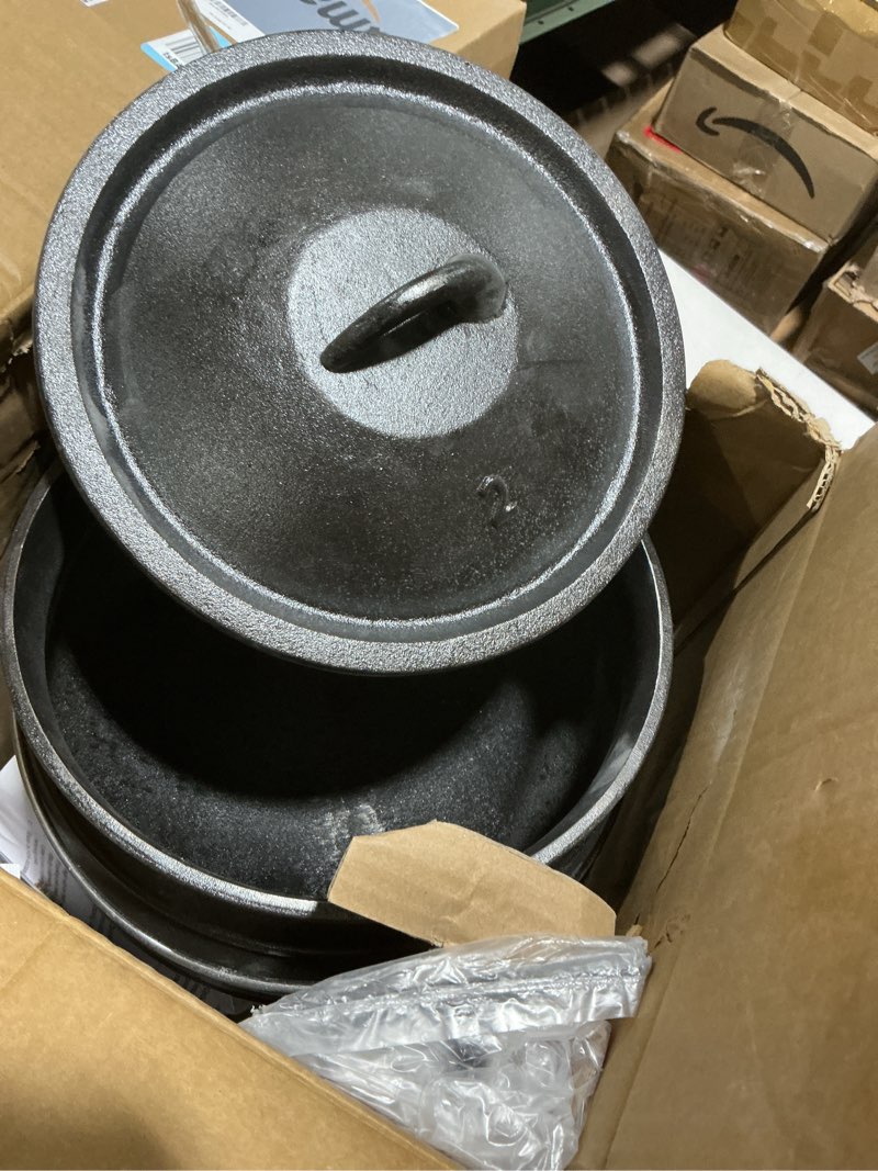 Condition photo showing As Is for mabeeze cast iron potjie cauldron, 6 qt, 3-legged dutch oven pot with lid - includes lid lifter and holder - pre-seasoned - for outdoor cooking