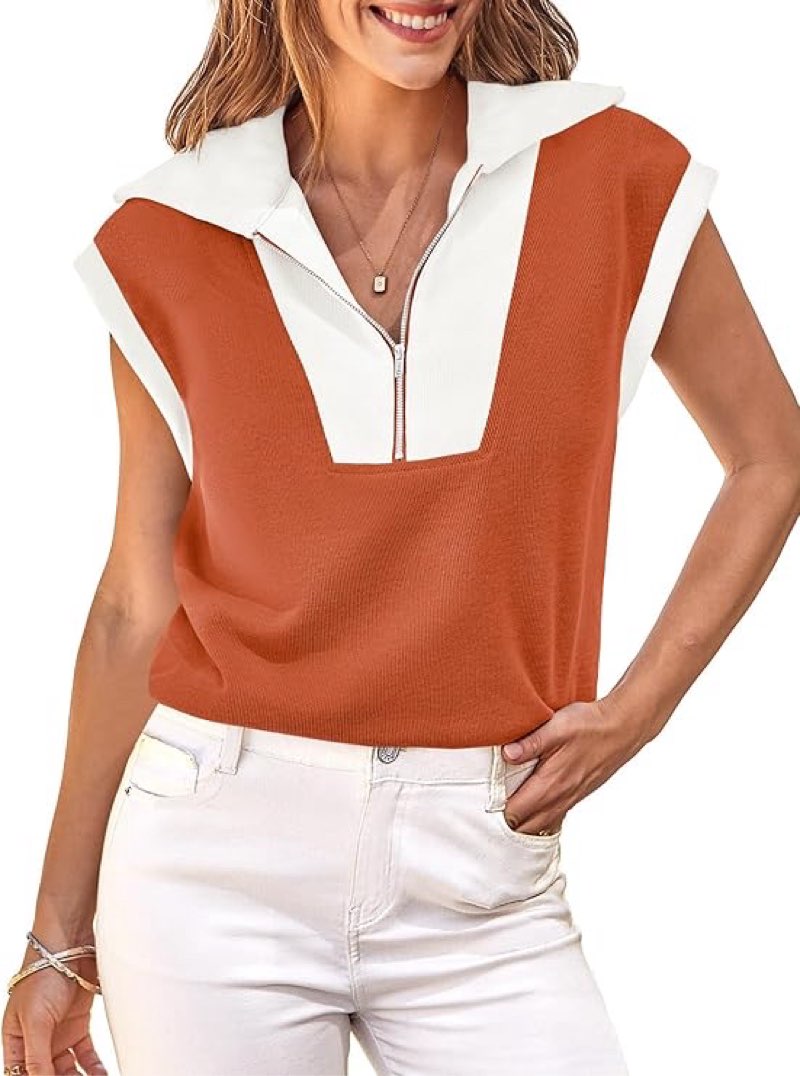 Fisoew Half Zip Sweatshirts for women short sleeve color block Lapel V Neck Summer Pullover Shirts O