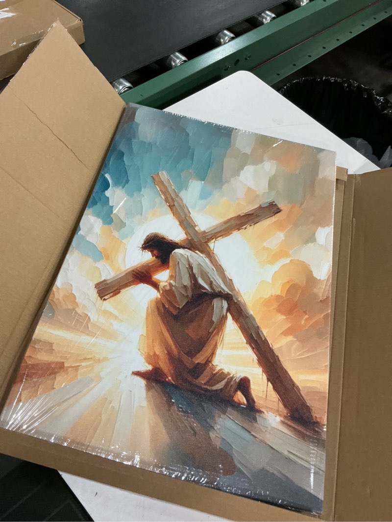 Condition photo showing Good Condition for jesus cross canvas wall art print, christian poster wall decor painting, jesus picture for wall church living room bathroom bedroom 16 * 24 in framed cross jesus wall art wrapped canvas 24"l x 16"w