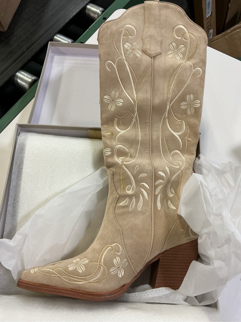 Condition photo showing New/Like New for cowboy boots for women, knee high cowgirl boots with pointed toe, chunky heel, floral embroidery western boots suede tall boots size 7 khaki