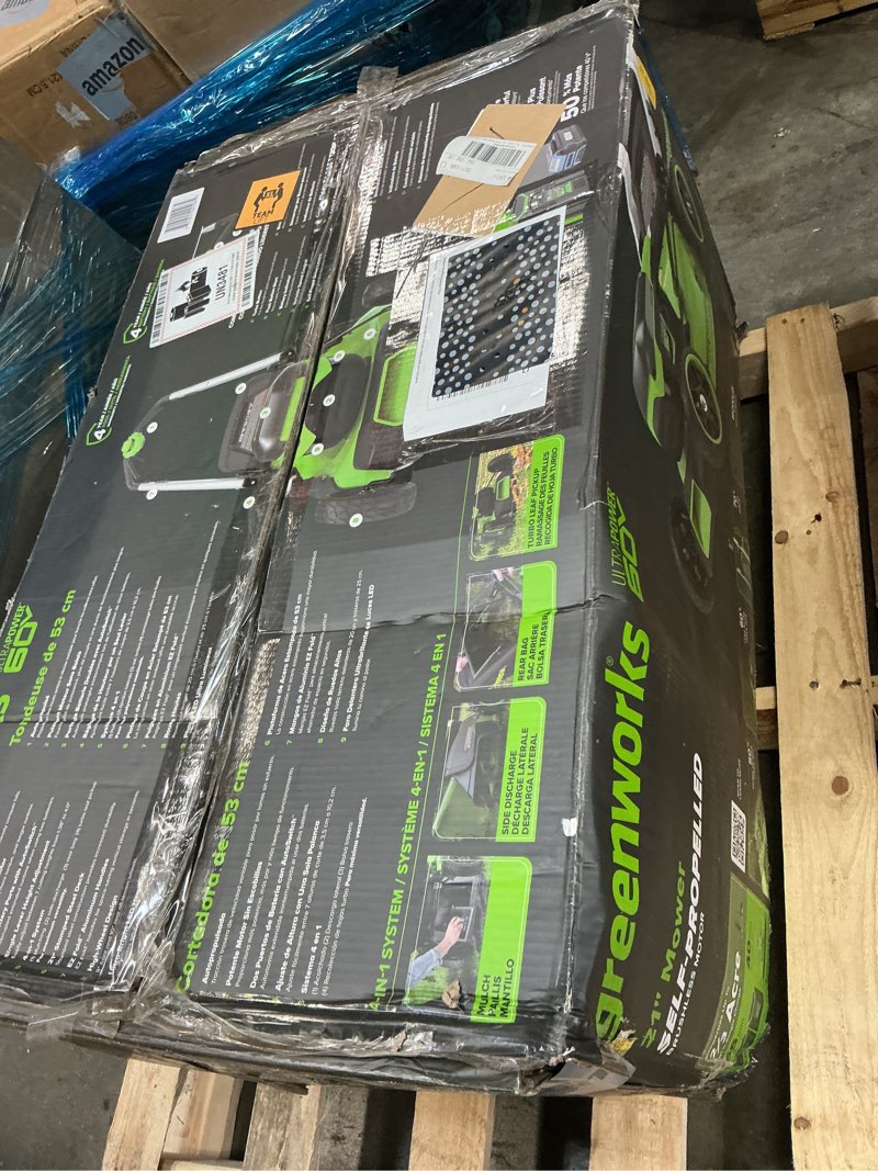 Condition photo showing As Is for greenworks 60v 21in self-propelled lawn mower, (2) 4.0 ah battery kit 21"sp w/2 x 4.0ah batteries