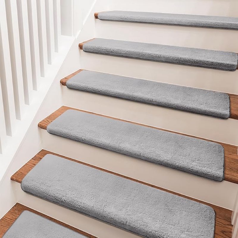 PURE ERA Carpet Stair Treads Ultra Plush 9.5" X 30"Soft Bullnose Indoor Stair Protectors Pet-Friendly Non-Slip Skid Resistant Tape Free Washable Reusable (14 Pieces, Gray)