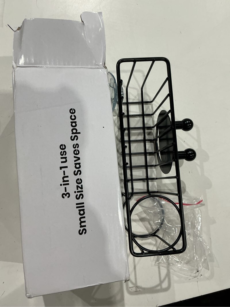 Condition photo showing Good Condition for 3-in-1 multiuse sponge holder for kitchen sink, sponge caddy for scrub daddy/scrub mommy smiley face, sink organizer accessories for dish brush, scrubber - with 2 suction cups & 1 adhesive hook 3-in-1 black smiley face