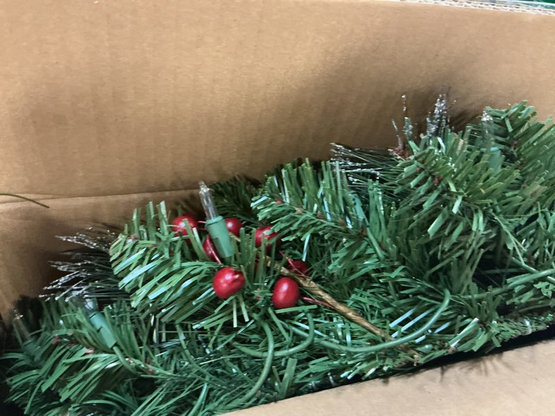 Condition photo showing As Is for National Tree Company 24 in Pre-Lit Crestwood Spruce Artificial Christmas Wreath, Christmas Decoration with Glitter, Pinecones, Red Berries, 50 Clear Lights, 160 Tips, Green 24 in Plug In Wreath