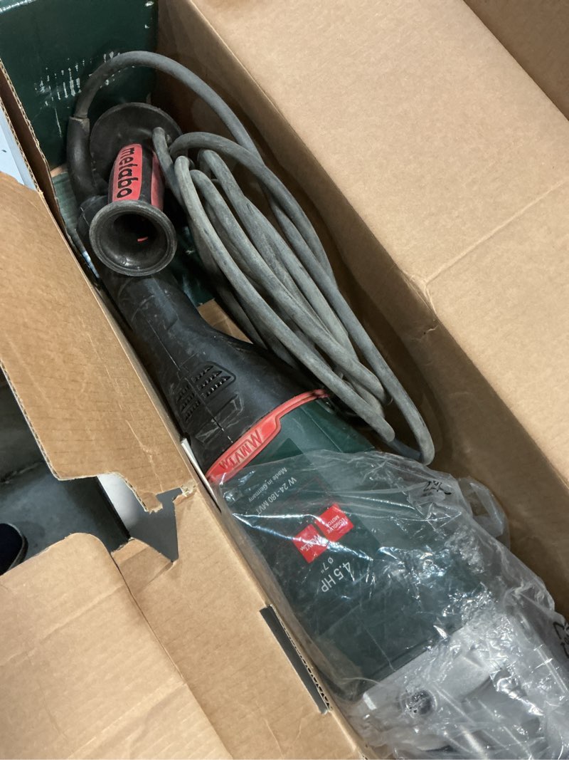 Condition photo showing As Is for metabo 7-inch angle grinder, 8,500 rpm, 15 amp, slide switch (locking), metabo vibratech, made in germany, w 24-180 mvt, 606466420, green