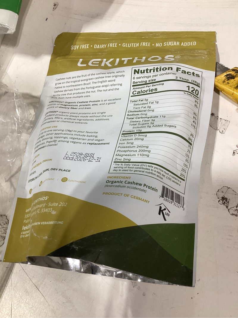 Condition photo showing New/Like New for organic cashew protein powder, single ingredient, 10g protein per serving, high in potassium, phosphorus, calcium! 6oz, plant-based, vegan, non-gmo, 6 servings, high fiber, no added sugar