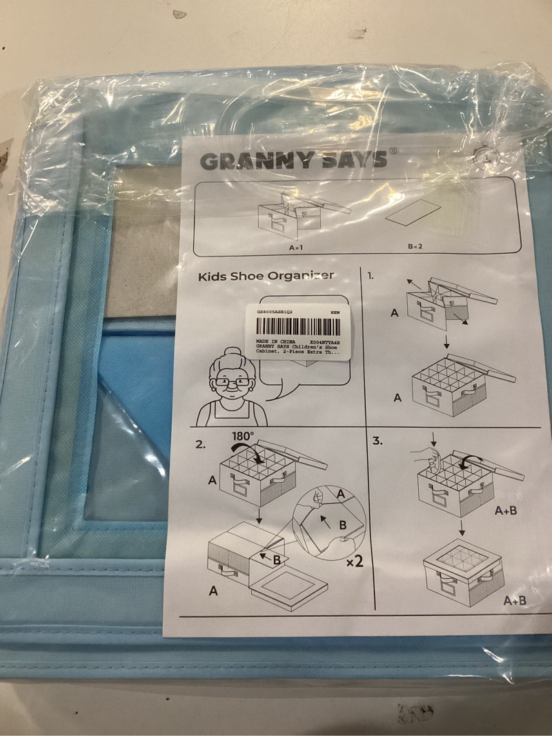 Condition photo showing New/Like New for GRANNY SAYS Shoe Organizer for Closet, Fits up to 8 Pairs, 2 Pack Shoe Cubby Storage Containers with Side Mesh Pocket and Flip-Top Lids, Blue Blue Max Foot Length: 6"