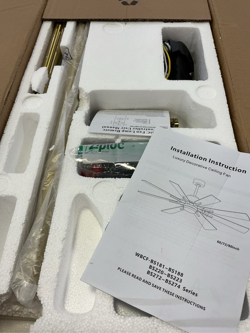 Condition photo showing Good Condition for WINGBO 60" DC Ceiling Fan with Lights and Remote Control, Gold and Black Ceiling Fan, 8 Plywood Blades, 6-Speed Reversible DC Motor, Modern Ceiling Fans Indoor for Kitchen Bedroom Living Room Gold and Black 60"