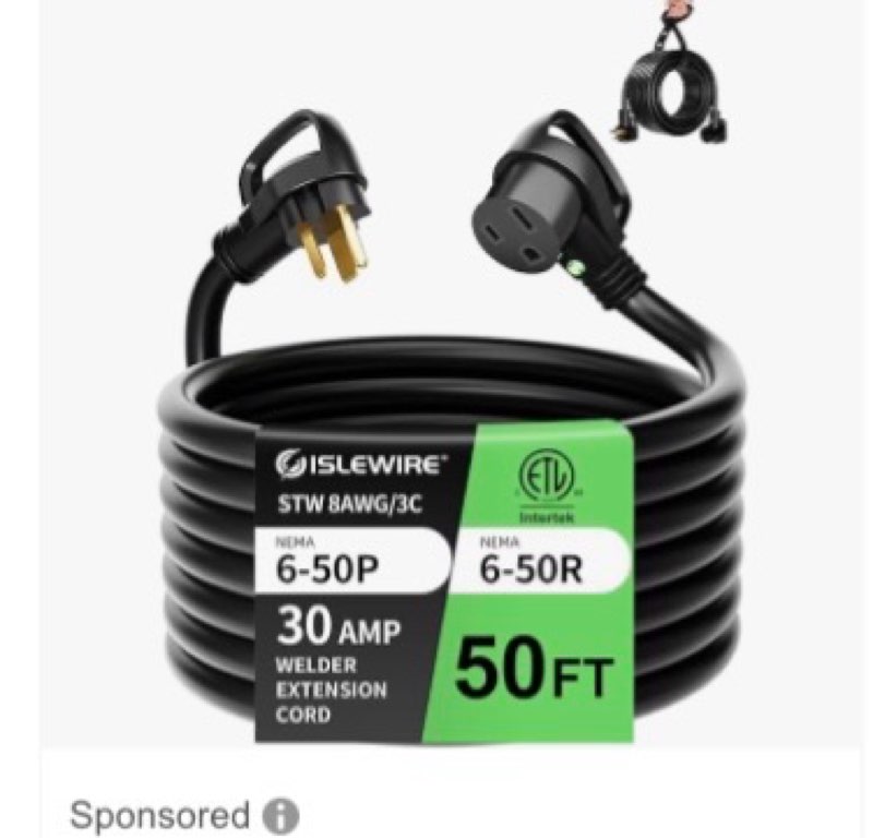 islewire 8 AWG 250V Welder Extension Cord, 50ft Heavy Duty NEMA 6-50 Extension Cord with LED Light a