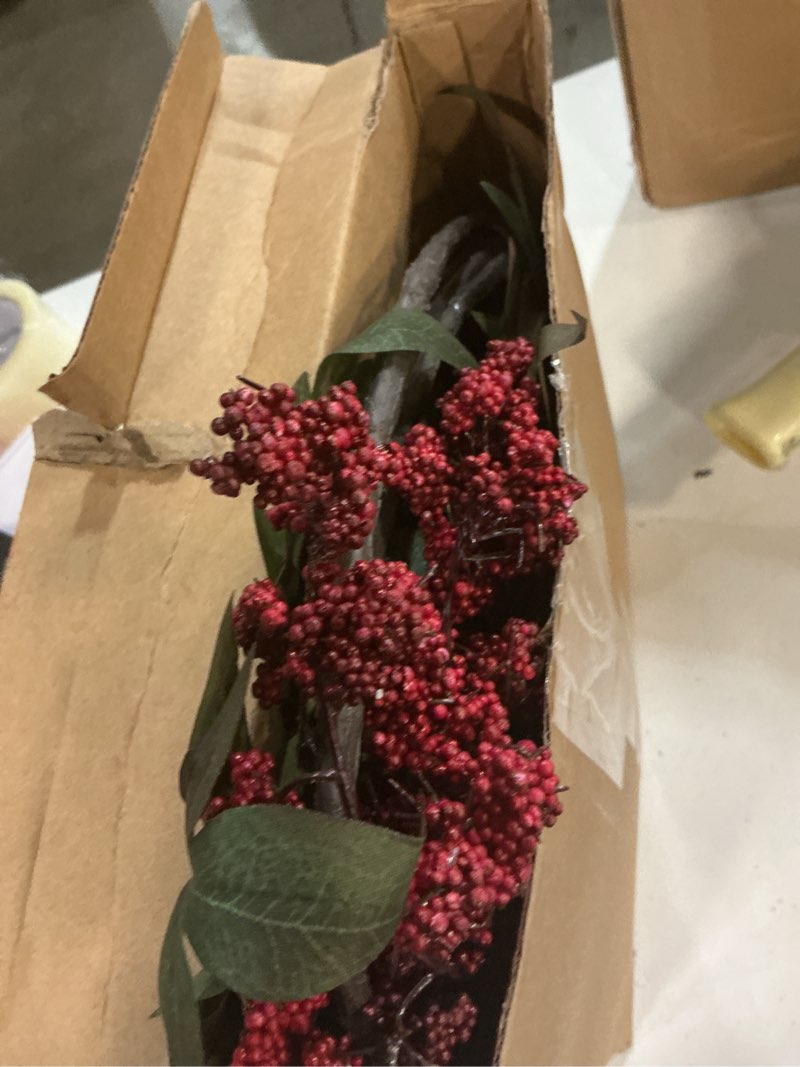 Condition photo showing New/Like New for zeyune 3 pcs artificial burgundy berry stem 35 inch spring faux flowers picks branches fake realistic sedum stem spray for wedding holiday seasonal farmhouse mantel harvest diy home decorations