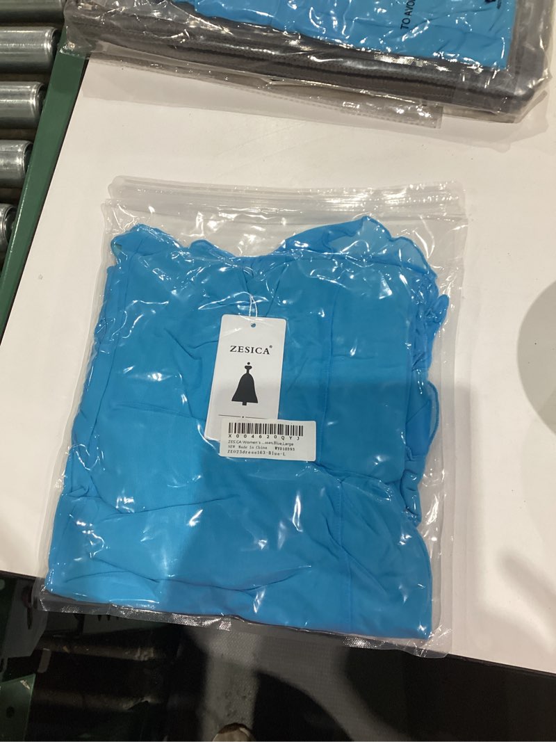 Condition photo showing New/Like New for ZESICA Women's 2025 Summer Strapless Bodycon Tube Dress Sexy Off Shoulder Mesh Irregular Ruffle Backless Party Midi Dresses Large Blue