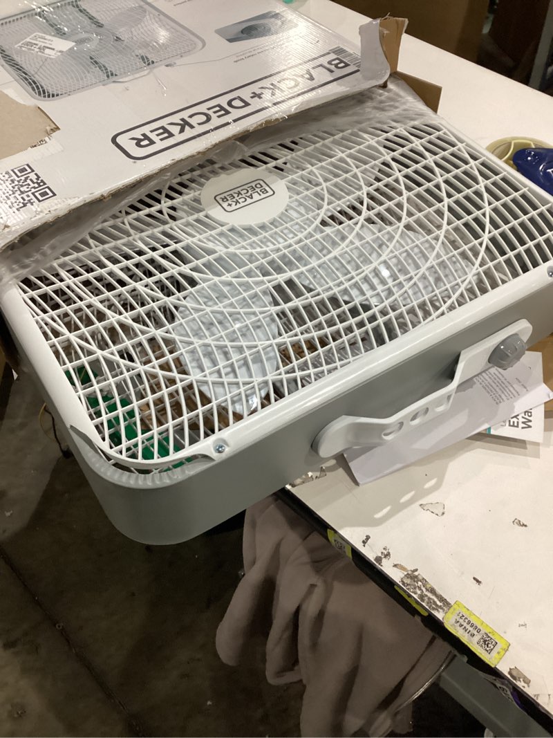Condition photo showing item condition for BLACK+DECKER Box Fan with 3 Speed Settings, 20” Box Fan with Carrying Handle, Rotary Knob and Recessed Cord Storage, Portable Fan and Cooling Fan for Home, Office, Garage, Basement & More White Box Fan 20-inch