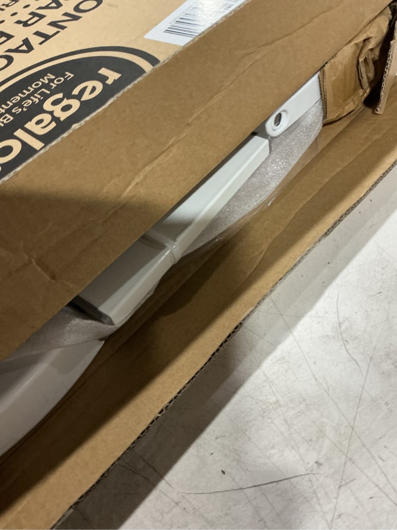 Condition photo showing As Is for regalo safety 29-38.5" baby gate for doorways & bottom of stairs, pressure mounted baby gate with door for babies, toddlers & pets, tested & safe for 30 years, american designed, american owned, white white 29-38.5"w x 30"h