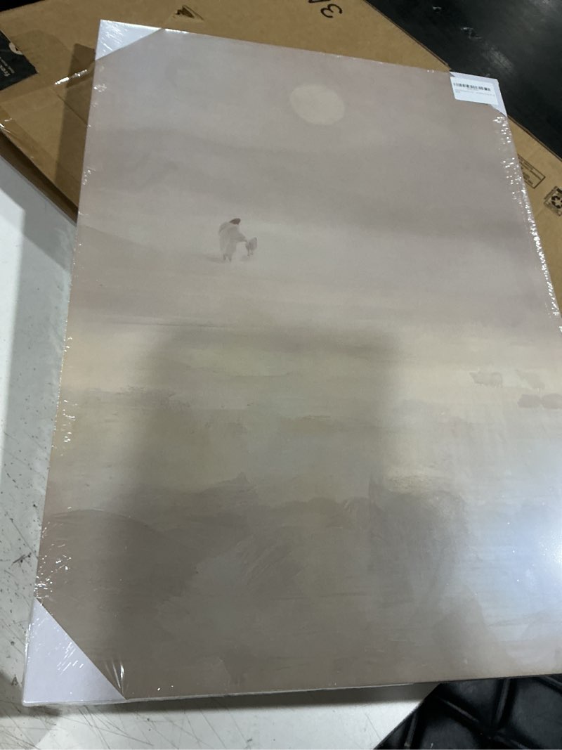 Condition photo showing Good Condition for framed 3 pcs large christian wall art, jesus and the lost lamb canvas print, biblical parable 'leaving the 99' decor, minimalist beige religious painting for living room, bedroom, church, 20''x28'' white 28l''x20w'' framed