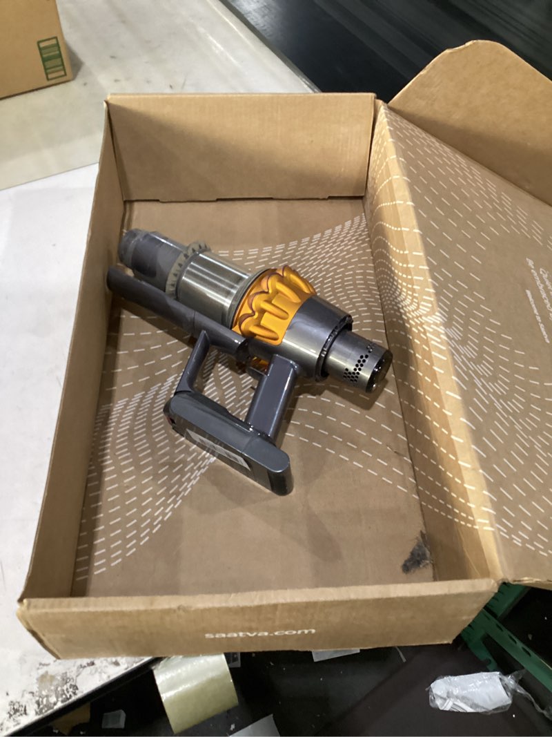 Condition photo showing As Is for missing parts dyson v15 detect cordless vacuum cleaner, yellow/nickel large yellow/nickel
