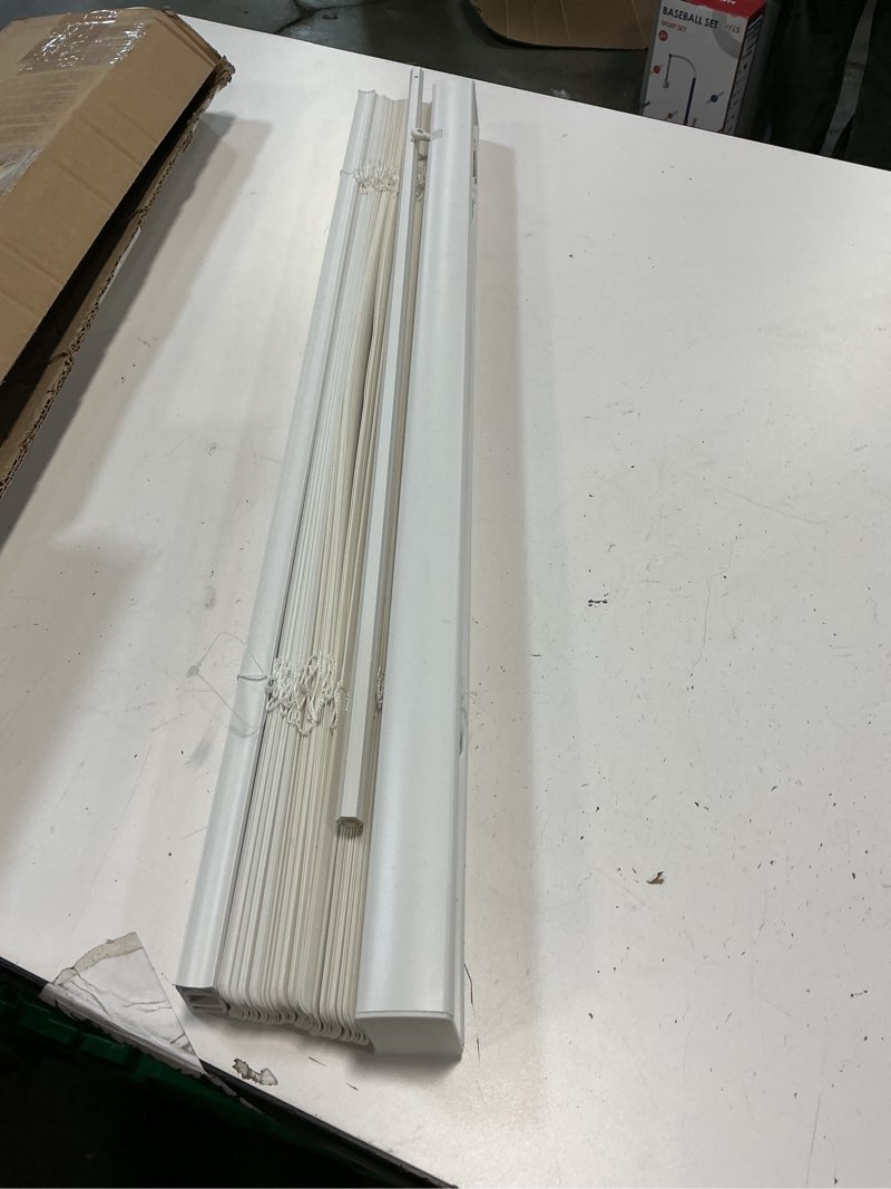 Condition photo showing As Is for CHICOLOGY Cordless Mini Blinds, 1 Inch Vinyl Window Blinds, Room Darkening & Privacy, Easy Install with Adhesive Brackets, Child Safe, for Windows, Doors & Campers, Alabaster,26" W x 72" H