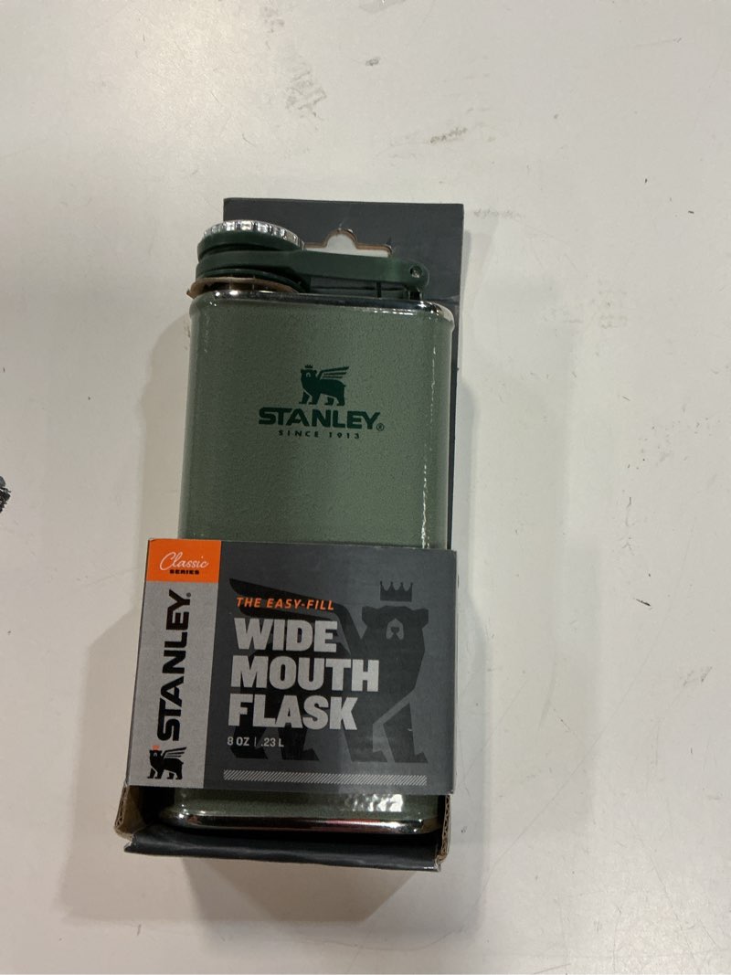 Condition photo showing New/Like New for stanley classic easy fill wide mouth flask 8 oz | leakproof hip flask | hinge connected never lose cap | insulated stainless steel liquor container | bpa-free | hammertone green
