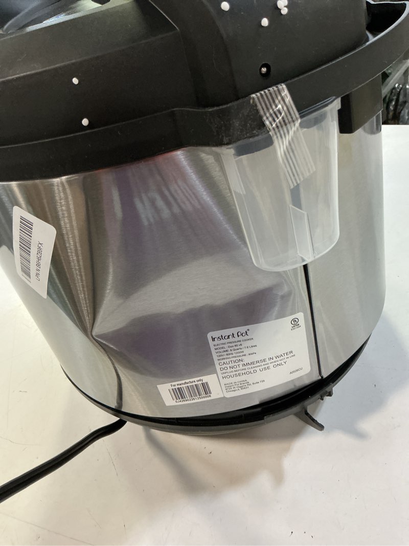 Condition photo showing As Is for instant pot duo 7-in-1 electric pressure cooker, slow cooker, rice cooker, steamer, sauté, yogurt maker, warmer & sterilizer, includes app with over 800 recipes, stainless steel, 8 quart 8 quarts