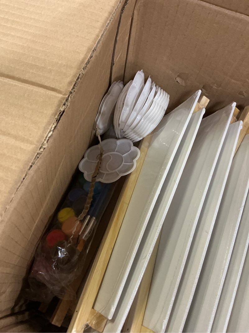 Condition photo showing New/Like New for ESRICH 24 Set Mini Acrylic Paint Kit, Mini Stretched Canvas with Easel, Valentines Day Gifts, Acrylic Paint Strips, Paint Palettes, Painting Brushes, Canvas and Easel Set for Kids Artists Beginner