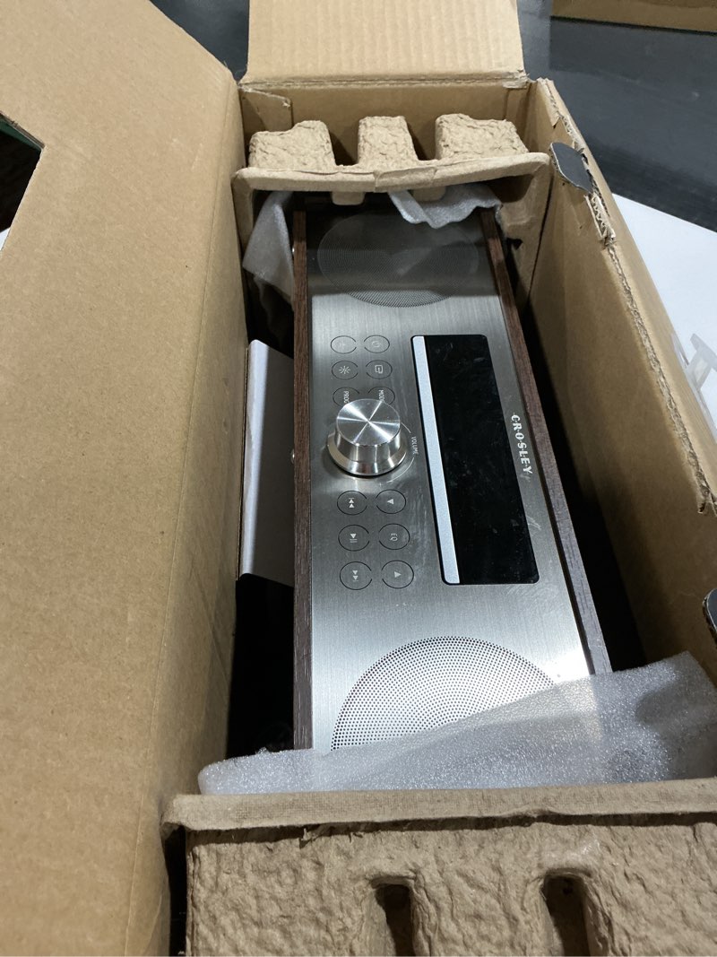 Condition photo showing As Is for Crosley CR3501A-WA Fleetwood Bluetooth FM Clock Radio and CD Player, Walnut