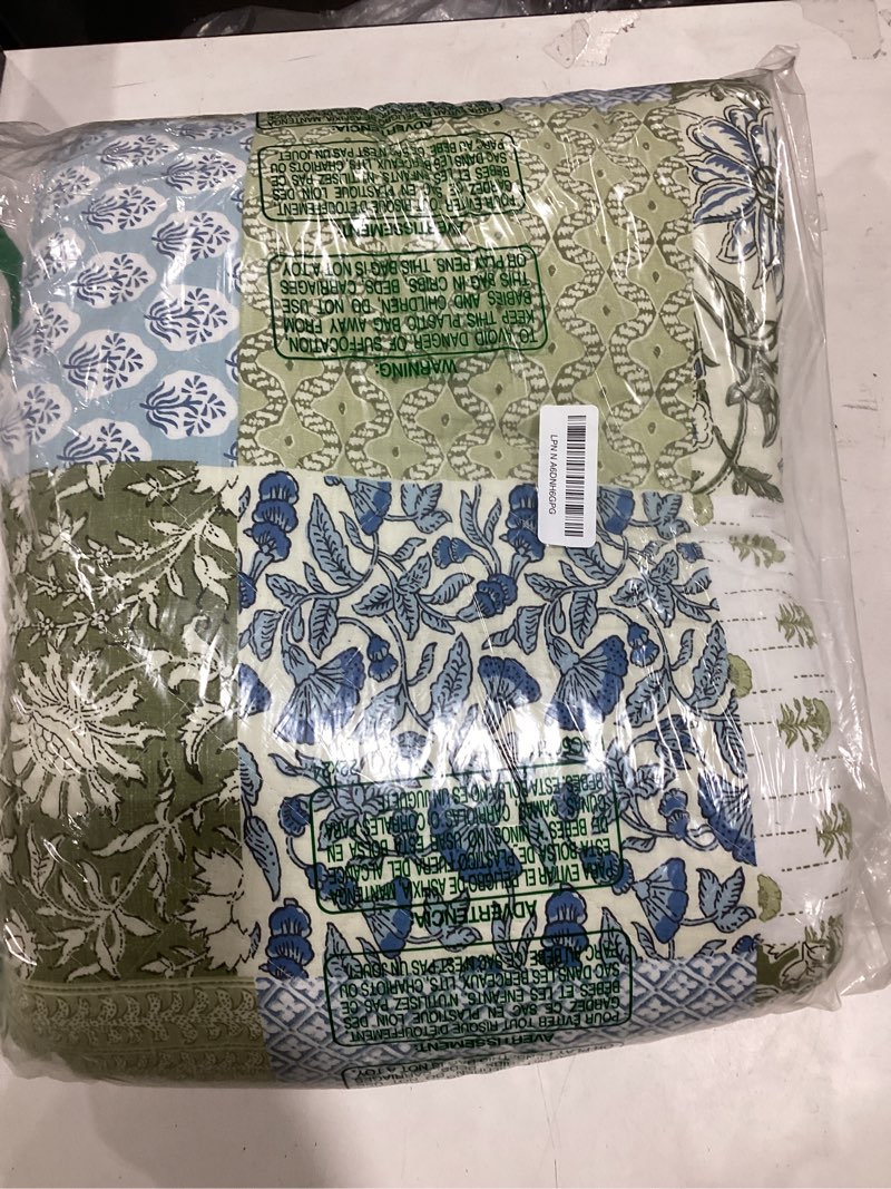 Condition photo showing As Is for WDCOZY 100% Cotton Reversible Patchwork Quilt Queen Size, Lightweight Farmhouse Vintage Shabby Chic Bedding Set with 2 Pillow Shams, Green Floral Printed Pattern Bedspread Coverlet for All Seasons Floral-sage Green Queen(90"x96"?