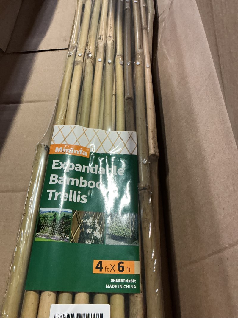 Condition photo showing New/Like New for mininfa expandable bamboo trellis, expandable fence 48 by 72 inch, bamboo lattice fence for dog, pet, climbing plants, vine, ivy, rose
