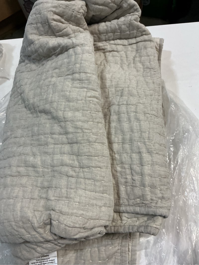 Condition photo showing As Is for quince european linen cotton stitch quilt set, king/cal king, natural